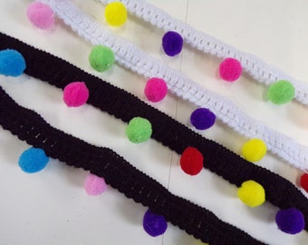 Pom Pom Trim, Boho Trim, Tape, Ribbon, Black, White, Sewing, Craft, festival trim