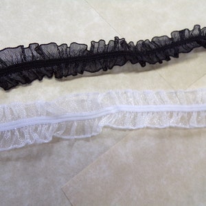 Pleated Stretch Lace Trim, Lace, Elastic, Ribbon, Black, White, 2cm wide, organza frill, elastic frill.