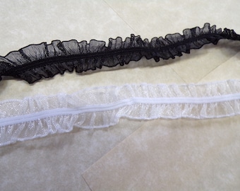 Pleated Stretch Lace Trim, Lace, Elastic, Ribbon, Black, White, 2cm wide, organza frill, elastic frill.