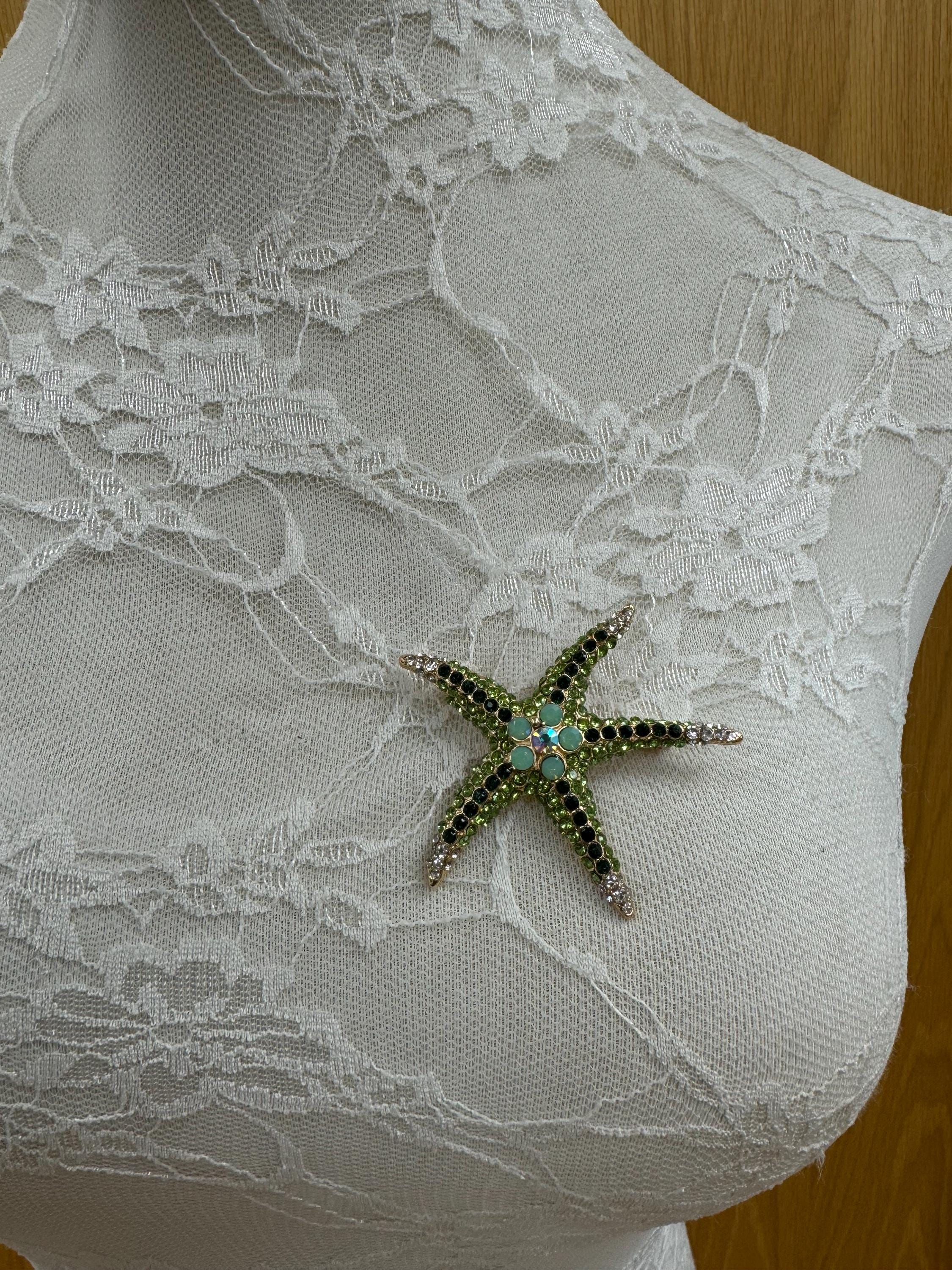 Spilla A Stella Marina Con Cristalli Verdi E Strass - Tono Oro, 3.0 Pollici, Nuova Senza Etichette - 5