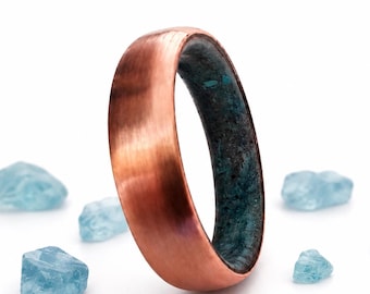 Unisex womens and Mens Copper Ring Aquamarine Wedding Band Rustic Handmade