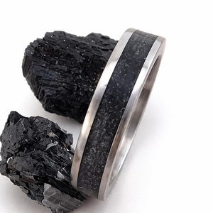 Titanium Ring with Black Tourmaline Hidden Inlay - unisex wedding ring