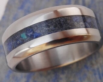 Mens womens wedding ring, Lapis lazuli stone, Mens wedding band, Beveled edge band, Woman ring, Women's rings, 9mm wedding band, Unisex ring