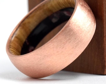 Unique Copper ring, Anniversary gift, Oak wood and natural stones black Tourmaline, Red Coral inside, Brushed finish, Mens wedding ring