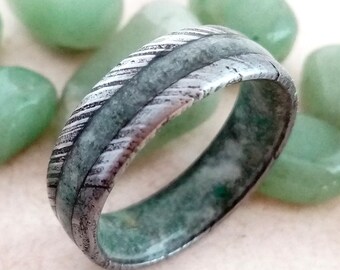 Mens wedding accessories, Damascus steel wedding band his and hers, Raw stone ring  natural green Jade, Mens alternative Engagement band