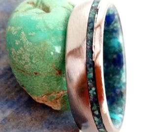 Mens wedding band, Lapis Lazuli Turquoise Titanium Ring - Raw Stone Wedding Band