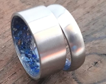 Unique Promise proposal rings, Wedding ring, Two ring set, Blue Lapis lazuli rings, Custom rings, Men's Women's, His and hers Titanium bands