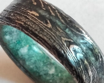 Unique Wedding band, Damascus steel and stone rings, Mix Emerald stone and Moonstone, Gift for mens or womens, Natural jewelry