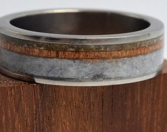 Mens wedding rings, Unique promise proposal rings, Titanium wedding band, Moonstone, Hawaiian Oak wood and Black Obsidian stone