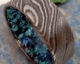 Gift for mens, Man wedding band, Raw stone ring, Damascus steel ring, Blue Lapis lazuli stone, Black Tourmaline stone, Green Turquoise stone