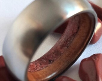 Unique womens ring, Lesbia ring, Ash wood ring, Bloodstone ring, Titanium weding band, Womens jewelry, Round band, Raw stone, Unique ring