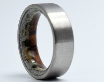 Male wedding band, Men's ring square titanium band with a mix of White Abalone and pieces of green Moss agate stone and exotic Cocobolo wood