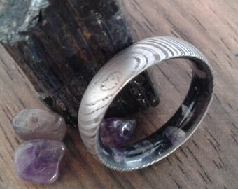 Unique Damascus Steel Ring: Black Tourmaline & Amethyst Inlay, Handmade Band