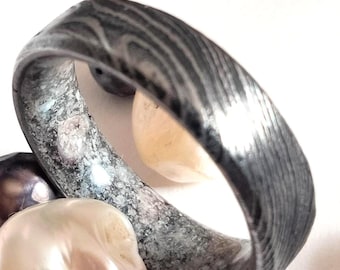 Unique his hand hers band, Mens wedding band, Womens Proposal rings, Mix white pearl and purple pearl, Damascus rings