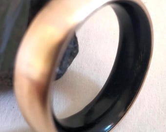 Gift for mens or womens Anniversary gift for his or hers, Bronze round wedding band raw black Tourmaline stone, ring with customizable stone