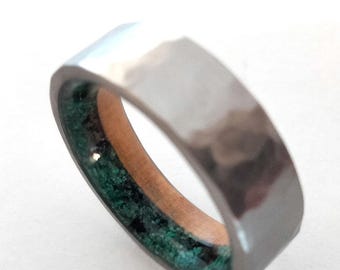 Malachite Crystal ring, Obsidian ring, Olive wood, Men's stone ring, Female ring, Womens hammered band, Raw stone ring, His and hers