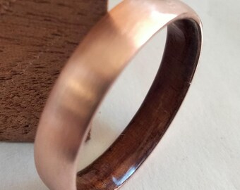 Gift for mens, Copper unisex wedding ring orange Mahogany wood inside, Unique unisex gift his and hers, Natural jewelry for womens or mens