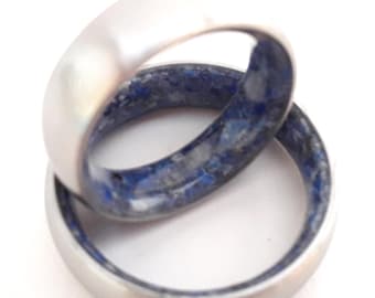 Gift for mens, Unique wedding bands his and hers, Lapis lazuli, Rose quartz, Wedding ring set, Stone rings, Titanium wedding bands