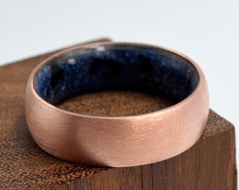 Mens Copper Ring: Lapis Lazuli & Tourmaline Stone Band, Brushed Finish