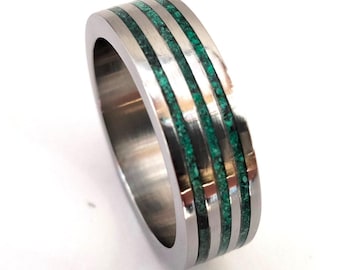 Gift for mens, Mens Titanium Wedding Band With Malachite