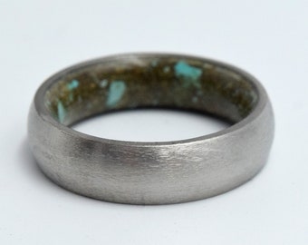 Unique Petrified wood ring, Turquoise stone, Round titanium wedding band, Brushed finish band