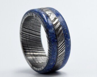 Damascus Steel Ring: 9mm Lapis Lazuli Stone Band, Customizable