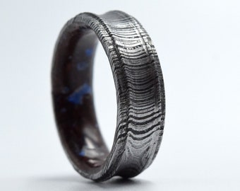Damascus Steel Mens Wedding Band: Lava Rock & Lapis Lazuli Ring