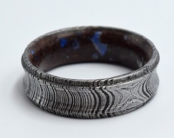 Hand Forged Damascus Steel Ring: Lapis Lazuli & Lava Rock Inlay