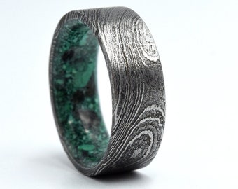 Gift for mens, Square band, Men's Wedding Band, Natural Green Malachite and Obsidan stone inside, Christmas gift unisex, Raw stone rings