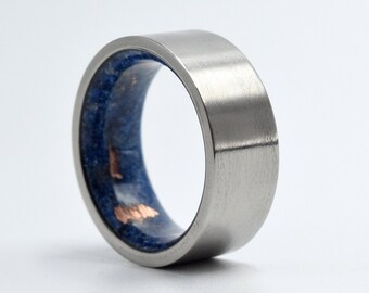 Recycled material rings, Pieces of recycled copper, Lapis lazuli natural stone, Brilliant finish titanium band, Men's ring, Women's ring