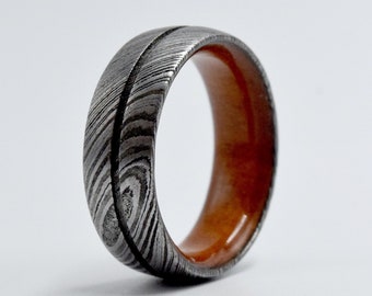 Handmade Damascus Steel Wedding Band: Mahogany Wood Inlay, Promise Ring