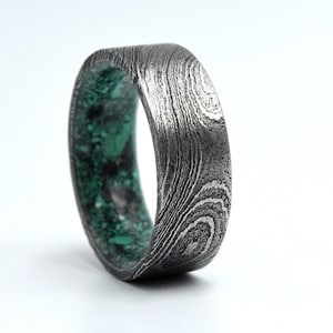 Men's Wedding Band, Natural Green Malachite and Obsidan stone inside, Christmas gift unisex, Raw stone rings