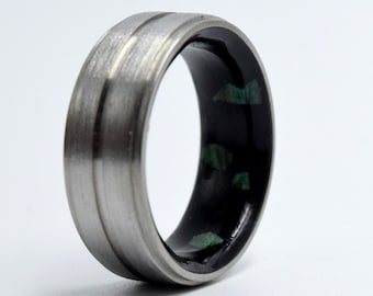 Mens rings, Unique wedding band his and hers, Titanium band for men with brushed, Black Tourmaline and Green Malachite stone, Christmas gift