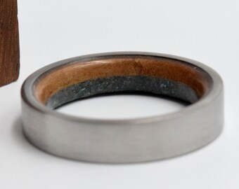 Brushed Titanium Wedding Band for Men Raw Moss Agate Stone and Walnut Wood Inside Square Male Rings