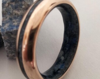 Mens wedding band, Lapis lazuli stone wedding band, Unisex bronze gift 8th anniversary, Natural his and hers jewelry