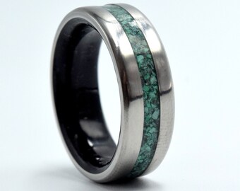Unique mens rings, Titanium wedding band for his and hers, Raw green Malachite stone inline, Raw Black Tourmaline stone inside, Crystal ring