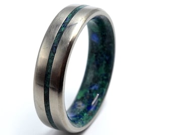 Mens ring, Lapis lazuli stone ring, Malachite ring, Brushed Titanium band, Man ring, Womens wedding band, His and her Engagement rings