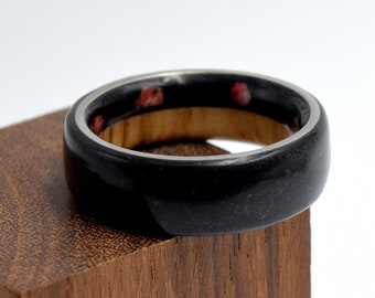 Men's ring, Titanium ring with black Tourmaline stone, Red Coral and white Oak wood, Boho style unisex alliance, Unique ring model for women