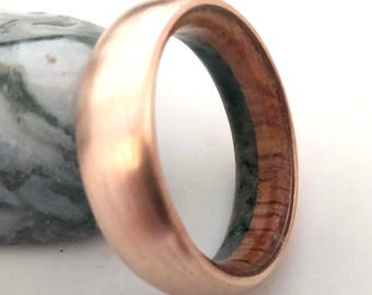 Mens wedding band, Copper womens rings, 8th Anniversary ring gift, White Oak wood and Green Moss agate stone