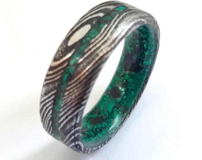 Featured listing image: Gift for mens Mens Damascus Wedding Band with Malachite and Black Obsidian, Rustic Luxury Ring for Husband