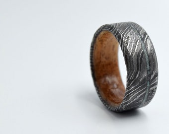 Statement rings for mens, Male rings, Mens wedding band, Damascus steel ring, Anniversary gift, Koa wood, Malachite stone, Promise bands
