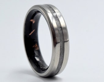 Black Obsidian stone in the outer groove of the titanium band, Inside Black Tourmaline and recycled Copper flakesand with bevelled edges