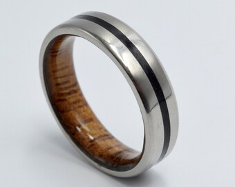 Unique Titanium ring, Raw Black Tourmaline stone, Koa wood, Mens wedding band, Womens wedding band, Titanium unisex ring, Wedding ring mens