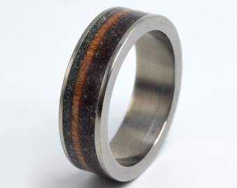 Titanium wedding band, Raw black Obsidian stone ring and Hawahiian Koa wood