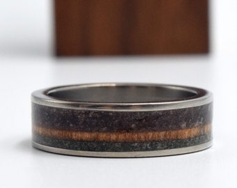 Mens Black Obsidian ring, Koa wood ring, His and hers Wedding band, Round boho style ring, Womens wedding ring, Titanium Engagement band