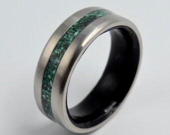 Green Malachite stone ring, Black Tourmaline stone ring, Titanium wedding band, Raw stone rings, Engagement band, Crystal unisex rings, 8mm