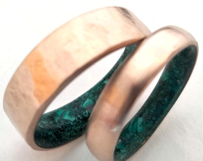 Featured listing image: Unisex gift ring, Her ring is round and has a natural Malachite stone, His ring is square, The band is hammered and has a natural Malachite