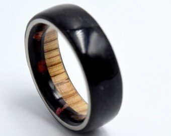 Rings for mens, Black wedding ring for men / women, Natural Tourmaline stone, Red Coral and white Oak wood, Round unisex band, Unisex rings