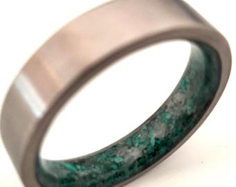 Mens Engagement rings, Square titanium wedding rings, Mix Black Emerald and Green Malachite stone