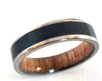 Titanium Wedding Band: White Oak Wood & Black Tourmaline Stone